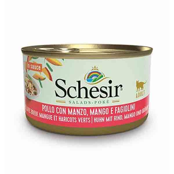 کنسرو گربه بالغ ۸۵ گرمی گوشت و مرغ و انبه و لوبیا سبز Schesir