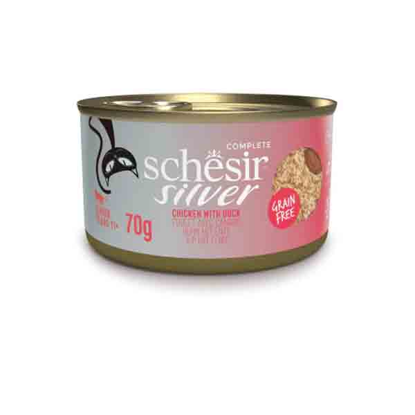 کنسرو ۷۰ گرمی گربه سن بالا طعم مرغ و اردک Schesir Silver