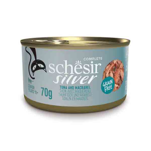 کنسرو ۷۰ گرمی گربه سن بالا طعم تن و ماهی خالدار Schesir Silver