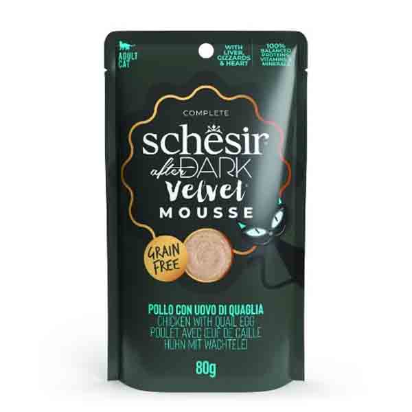 پوچ گربه بالغ ۸۰ گرمی موس طعم مرغ و تخم بلدرچین Schesir dark