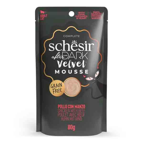 پوچ گربه بالغ ۸۰ گرمی موس طعم مرغ و گوشت Schesir dark
