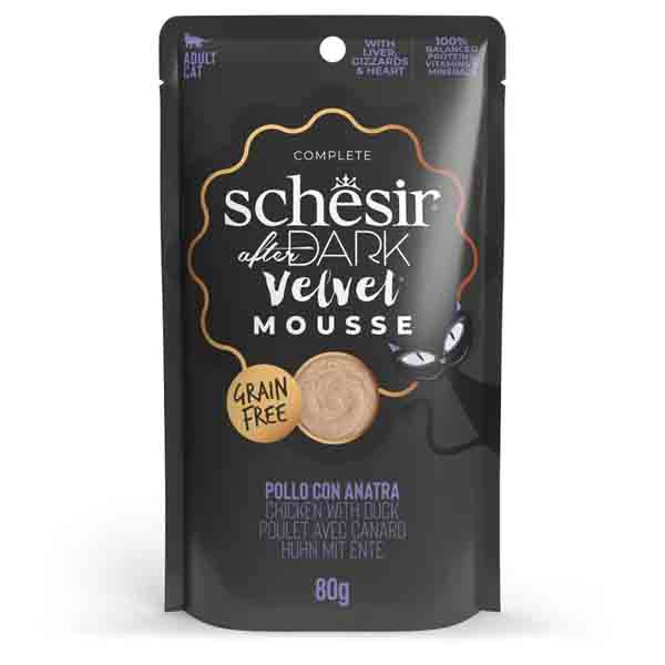 پوچ گربه بالغ ۸۰ گرمی موس طعم مرغ و اردک Schesir dark