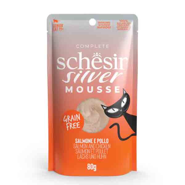 پوچ گربه بالغ ۸۰ گرمی موس طعم مرغ و سالمون Schesir Silver