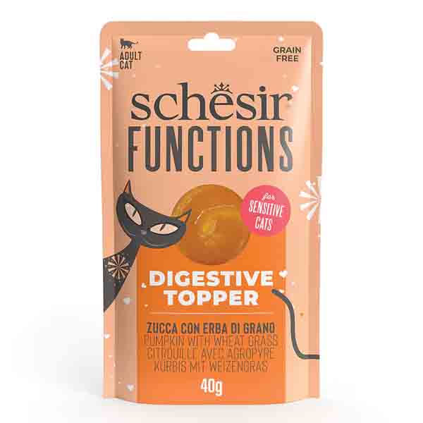 پوچ و سس غذای ۴۰ گرمی مخصوص گوارش حساس طعم کدو حلوایی و علف گندم Schesir digestive topper