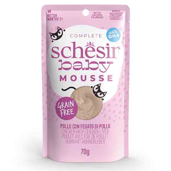 پوچ بچه گربه ۷۰ گرمی موس طعم مرغ و جگر مرغ Schesir baby