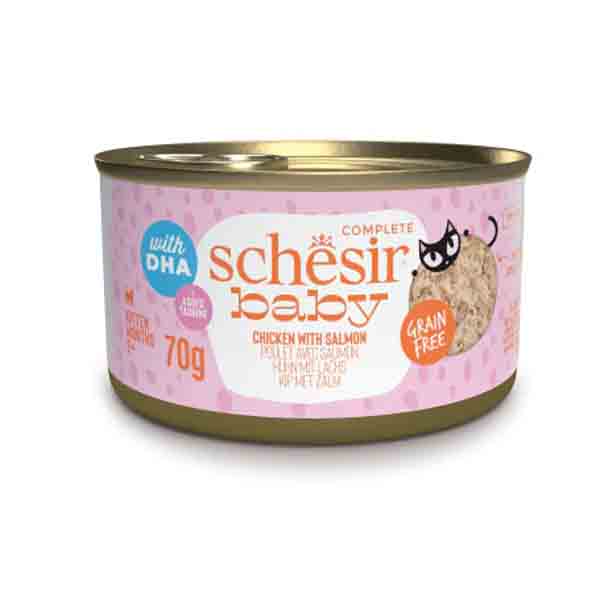 کنسرو ۷۰ گرمی بچه گربه طعم مرغ و سالمون Schesir baby