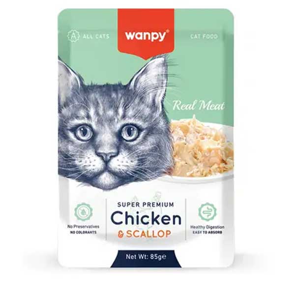 پوچ گربه بالغ 85 گرمی طعم مرغ و صدف Wanpy