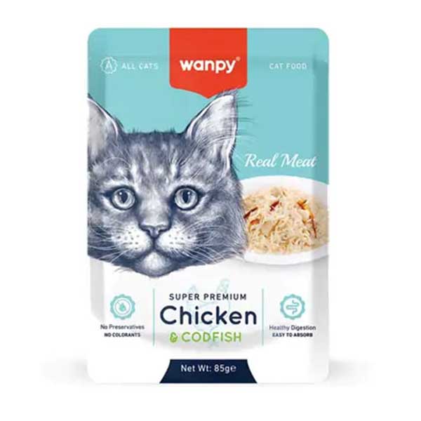 پوچ گربه بالغ 85 گرمی طعم مرغ و ماهی کاد Wanpy