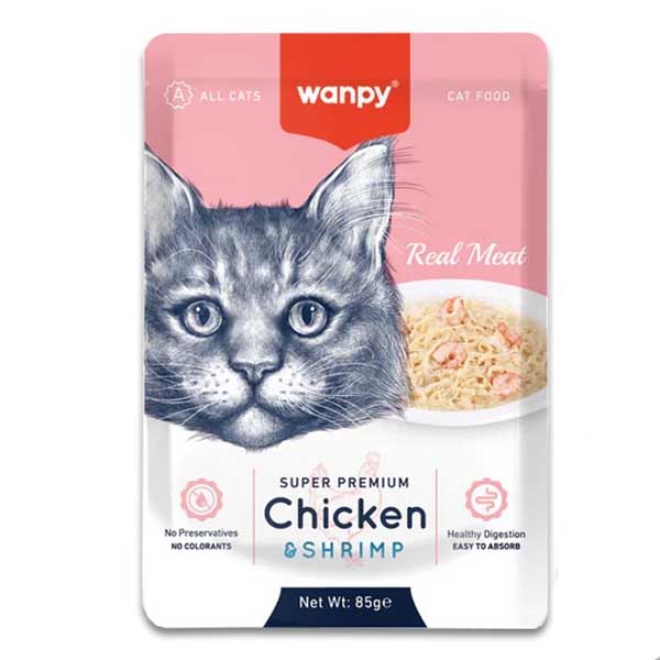 پوچ گربه بالغ 85 گرمی طعم مرغ و میگو Wanpy