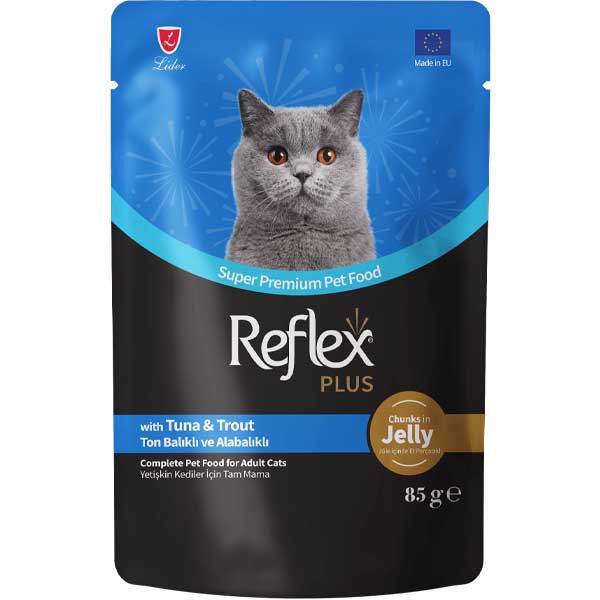پوچ گربه بالغ 85 گرمی رفلکس تن و قزل آلا ژلی Reflex