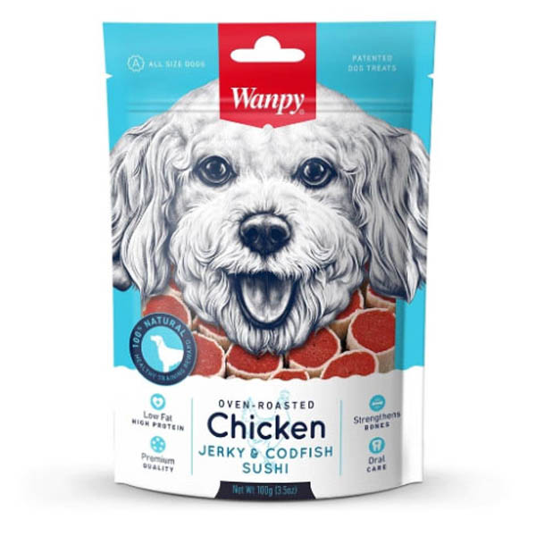 تشویقی سوشی مرغ ماهی کاد 100گرمی Wanpy