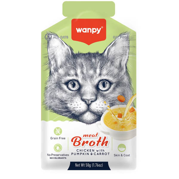 سوپ گربه طعم مرغ و کدو حلوایی و هویج 50 گرمی Wanpy