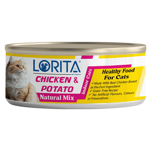 کنسرو گربه بالغ میکس شده فیله مرغ و سیب زمینی 90 گرمی Lorita