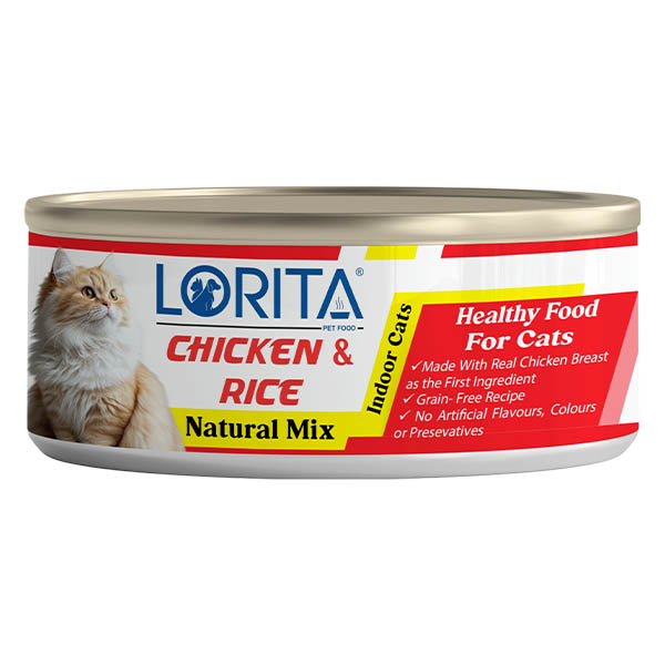 کنسرو گربه بالغ میکس شده فیله مرغ و برنج 90 گرمی Lorita