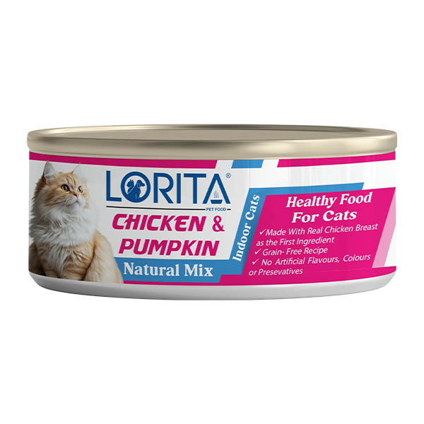کنسرو گربه بالغ میکس شده فیله مرغ و کدو حلوایی 90 گرمی Lorita