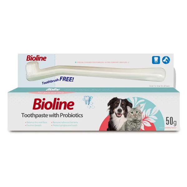 مسواک و خمیر دندان سگ و گربه حاوی پروبیوتیک 50 گرمی Bioline