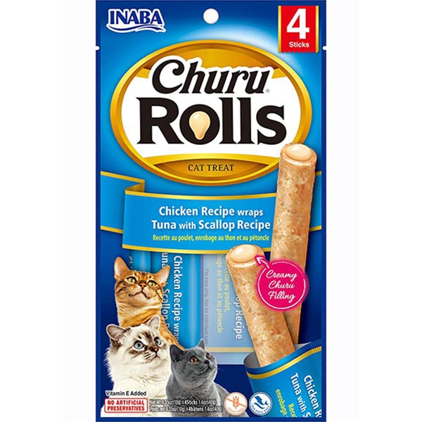 تشویقی مدادی مغزدار طعم مرغ با مغزی تن و صدف INABA churu Rolls
