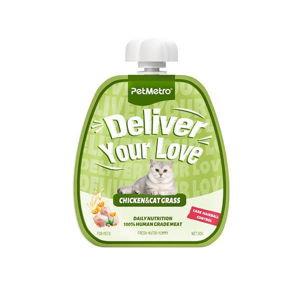 پودینگ گربه طعم مرغ و علف گربه 60 گرمی PetMetro