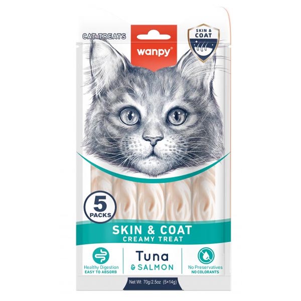 بستنی درمانی گربه 5 عددی پوست و مو طعم تن و سالمون Wanpy 