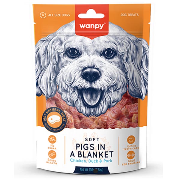 تشویقی سوسیس خوک با دور پیچ اردک و مرغ 100گرمی Wanpy