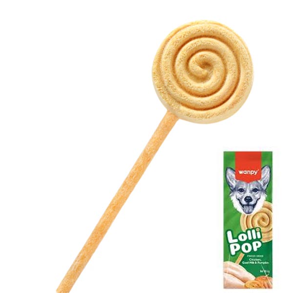 آبنبات بستنی خشک سگ طعم مرغ و شیر بز و کدو حلوایی 60 گرمی Wanpy