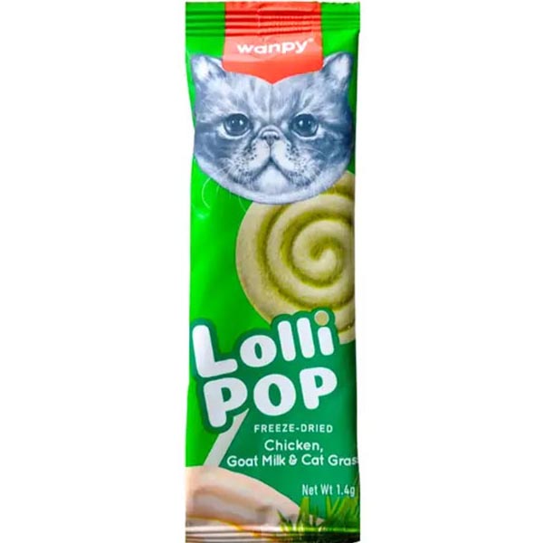آبنبات بستنی خشک گربه طعم مرغ و شیر بز و علف گربه 14 گرمی Wanpy