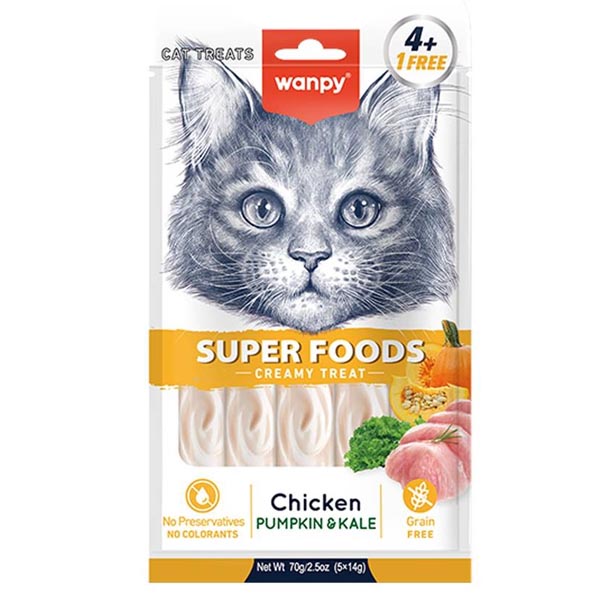 بستنی سوپر فود گربه 5 عددی مرغ و کدو حلوایی و کلم Wanpy 