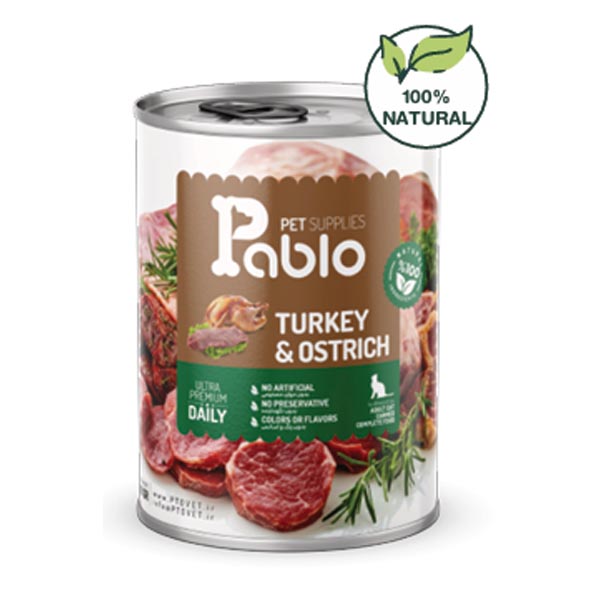 کنسرو نچرال گربه 430 گرمی طعم شترمرغ و بوقلمون پابلو Pablo