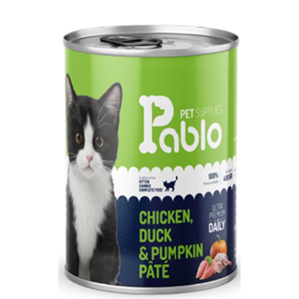 کنسرو پته الترا پرمیوم  بچه گربه 430 گرمی طعم مرغ و گوشت اردک و کدو پابلو Pablo