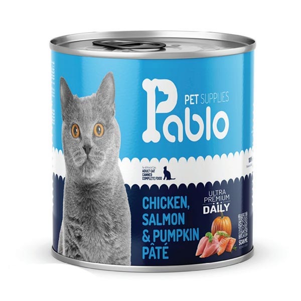 کنسرو پته الترا پرمیوم گربه 800 گرمی طعم گوشت گاو و مرغ و ماهی سالمون و کدو تنبل پابلو Pablo