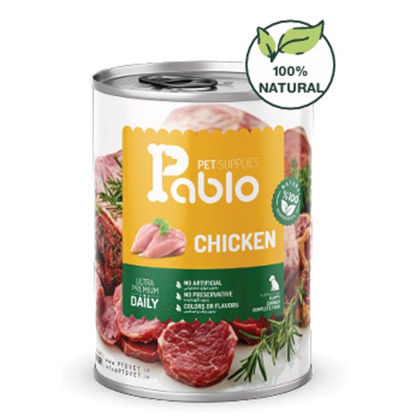 کنسرو نچرال توله سگ 430 گرمی طعم گوشت مرغ پابلو Pablo