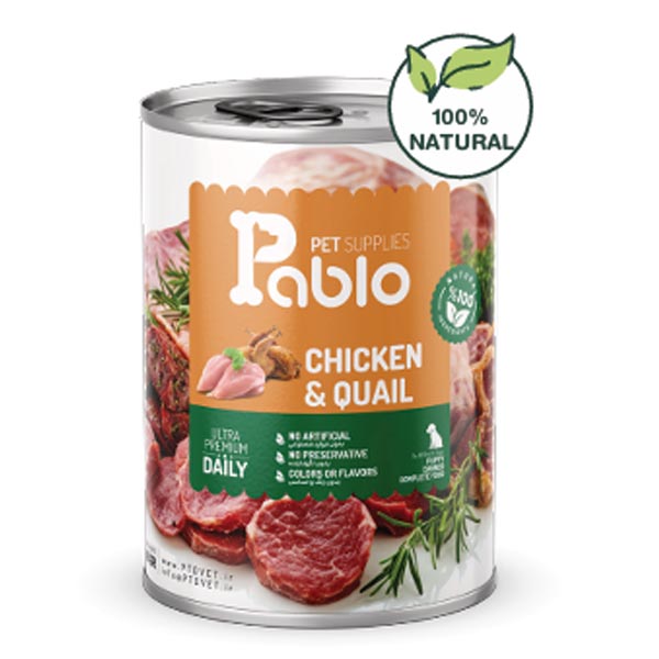 کنسرو نچرال توله سگ 430 گرمی طعم گوشت مرغ و بلدرچین پابلو Pablo