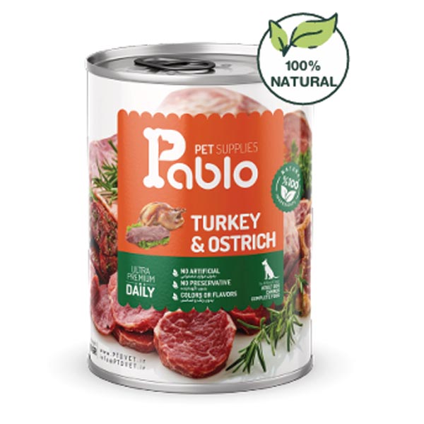 کنسرو نچرال سگ 430 گرمی طعم شترمرغ و بوقلمون پابلو Pablo