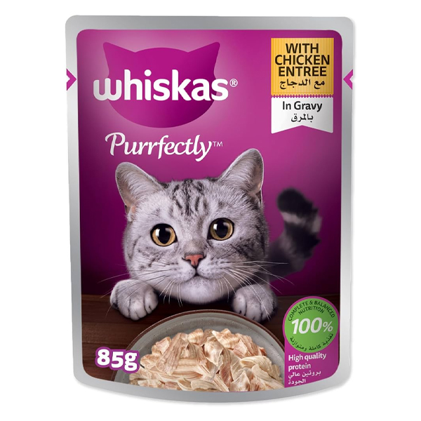 پوچ گربه طعم مرغ در سس 85 گرمی whiskas purrfectly