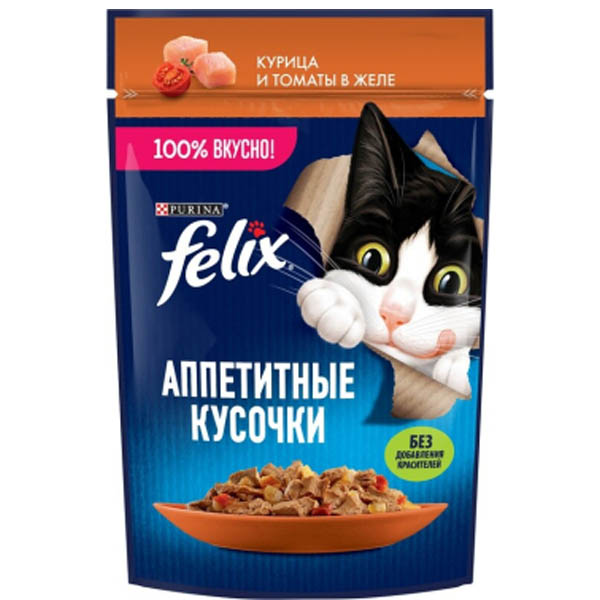پوچ گربه بالغ 75 گرمی طعم مرغ و گوجه فرنگی ژله ای Felix