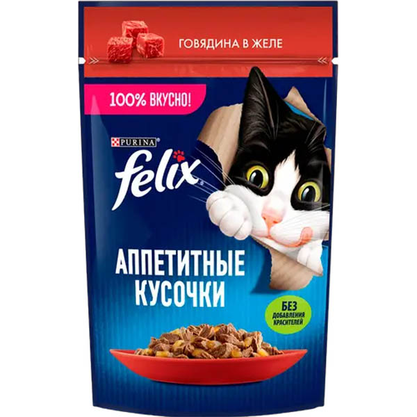 پوچ گربه بالغ 75 گرمی طعم گوشت گاو ژله ای Felix