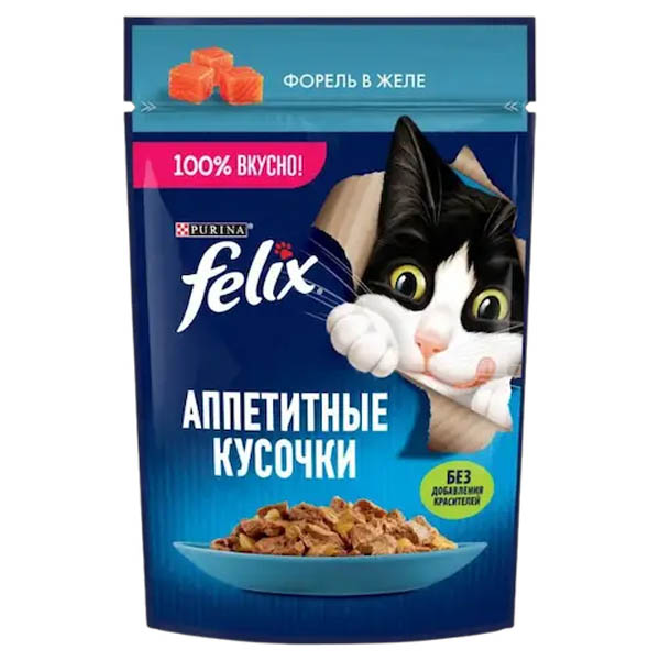 پوچ گربه بالغ 75 گرمی طعم ماهی قزل آلا ژله ای Felix