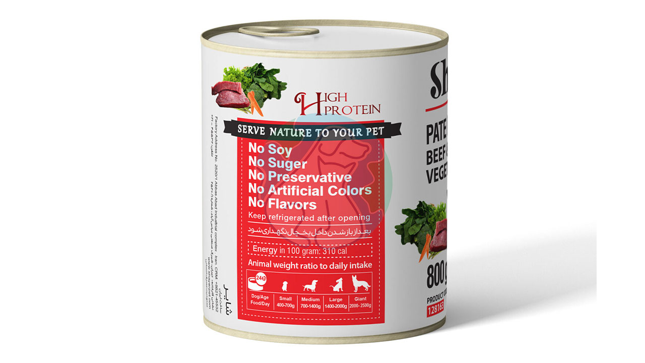 کنسرو پته سگ طعم گوشت و سبزیجات 800گرمی Shayer