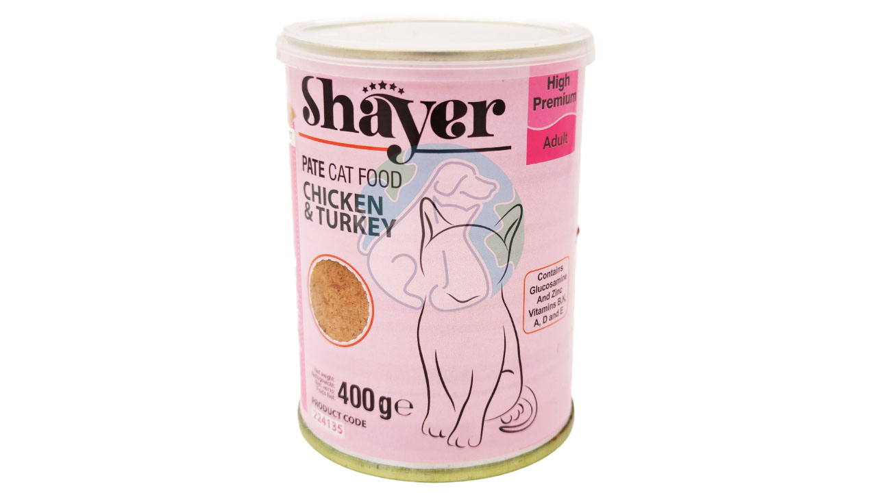 کنسرو پته گربه طعم مرغ و بوقلمون 400گرمی Shayer