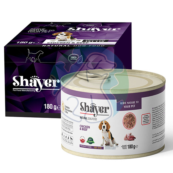 کنسرو نچرال سگ طعم مرغ و گوشت 180گرمی Shayer