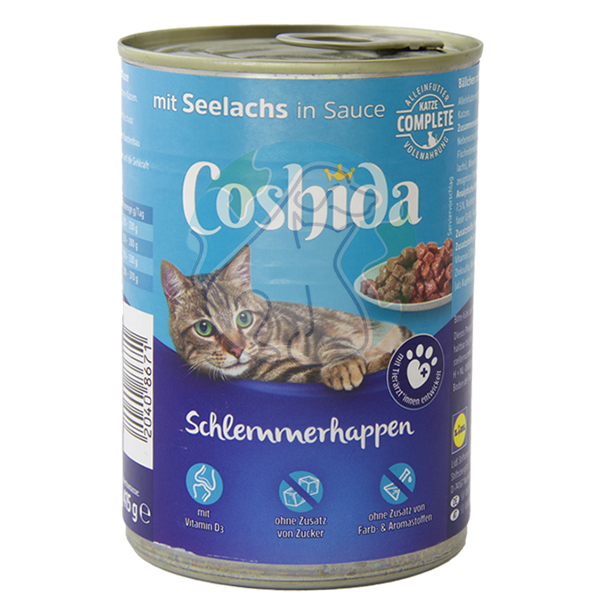 کنسرو گربه ماهی آزاد در سس 400گرمی Coshida