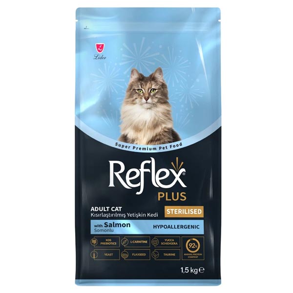 غذای گربه بالغ عقیم شده با طعم سالمون reflex plus 1.5kg